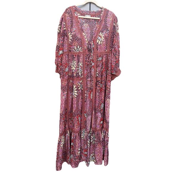 Free People Maxi Kimono Sheer Floral Rose Combo Robe Duster Cover-Up Sz M/L Boho - Picture 2 of 16